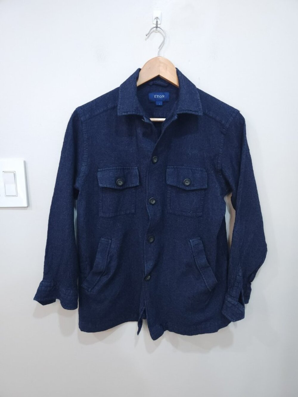 VTG Eton Overshirt Men's L Navy Blue Wool-Cashmere Flannel Long Sleeve Utility